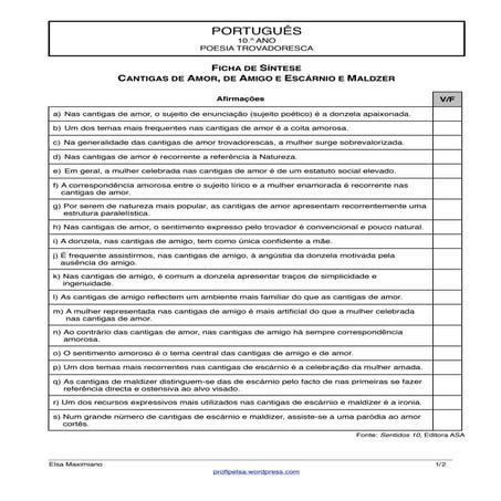 Questionário Poesia Trovadoresca