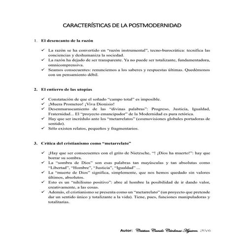 Características de la postmodernidad. cristian cárdenas aguirre