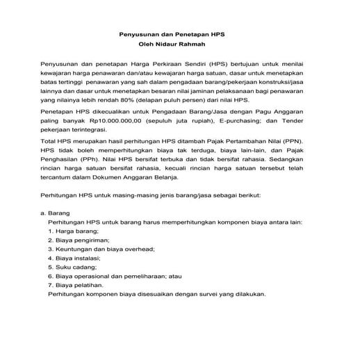 Cara penyusunan dan penetapan HPS Pengdadaan Barang dan Jasa Pemerintah