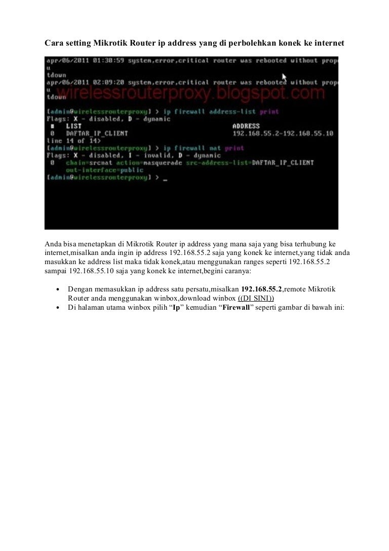 Cara Setting Mikrotik Router Ip Address Yang Di Perbolehkan Konek Ke