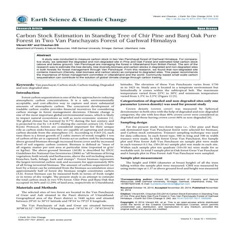 Carbon Stock Estimation in Standing Tree of Chir Pine and Banj Oak Pure Forest in Two Van Panchayats Forest of Garhwal Himalaya