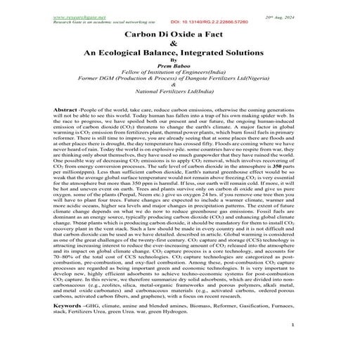 Carbon Di Oxide a Fact and an Ecological Balance Integrated Solution By Prem ...