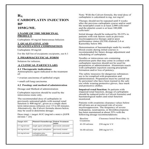 Carboplatin 10 mgml intravenous infusion smpc taj pharmaceuticals | PDF