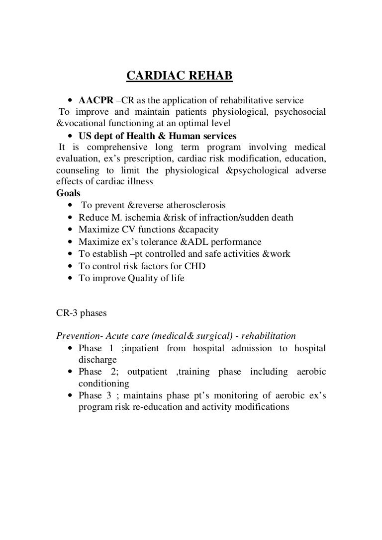 Cardiac phase I rehab parameters