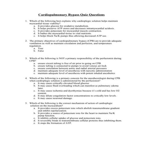 Cardiopulmonary bypass quiz questions