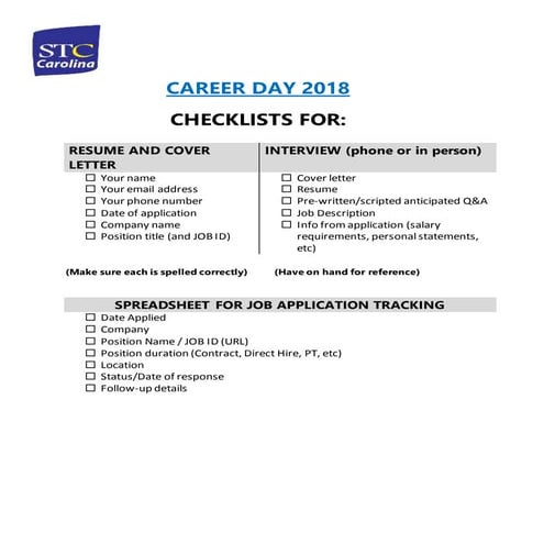 STC Carolina Career day 2018 checklist
