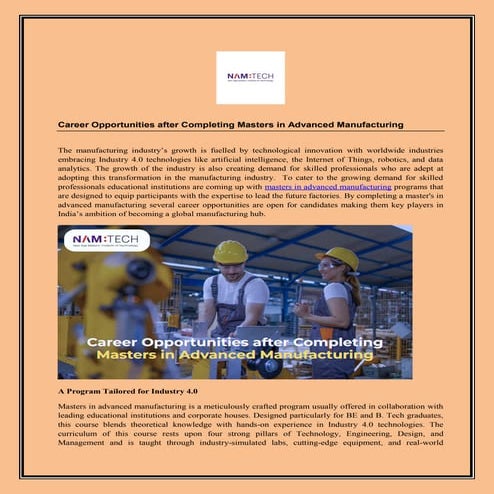 Career Opportunities after Completing Masters in Advanced Manufacturing