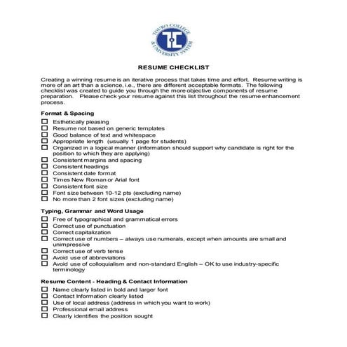 Career Services Resume Checklist