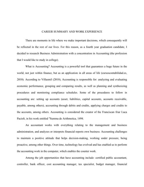 work experience summary for freshers
