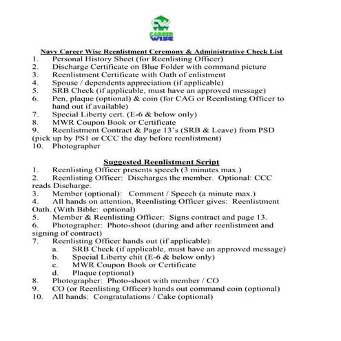 Careerwise reenlistment CEREMONY checklist | DOCX