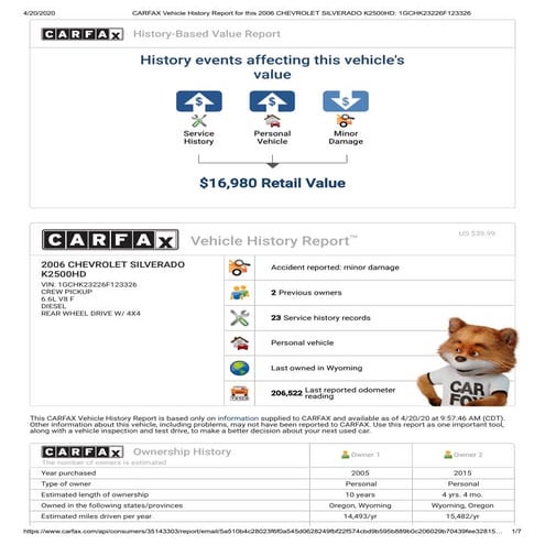 Carfax vehicle history report for this 2006 chevrolet silverado k2500