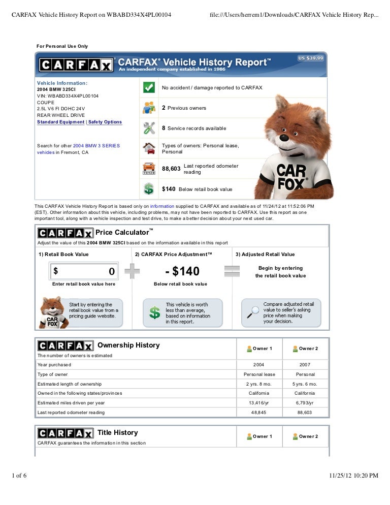 Carfax vehicle history report on wbabd334 x4pl00104