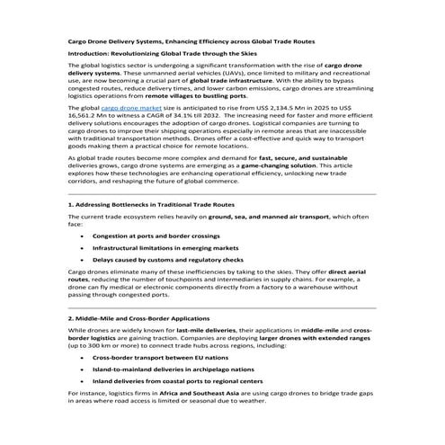 Cargo Drone Delivery Systems, Enhancing Efficiency across Global Trade Routes
