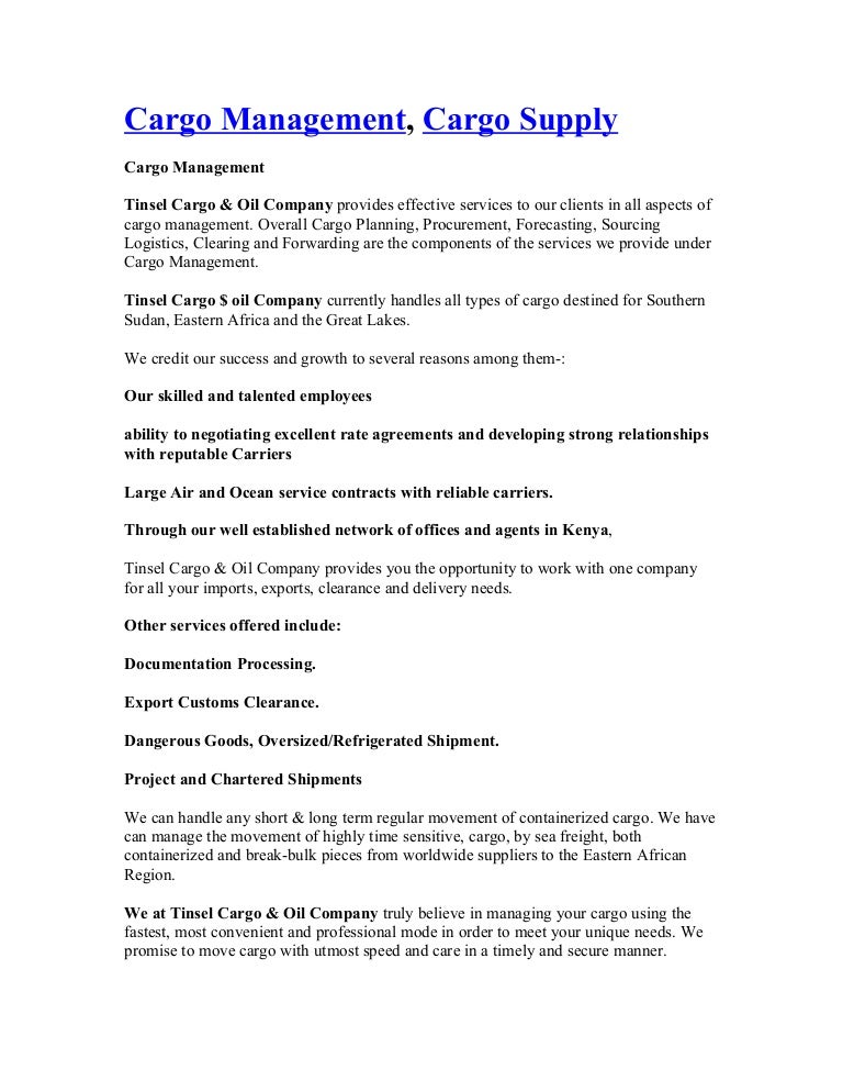 Cargo management, cargo supply