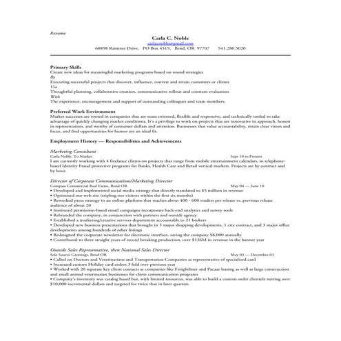 Carla C Noble, Bend Or Resume