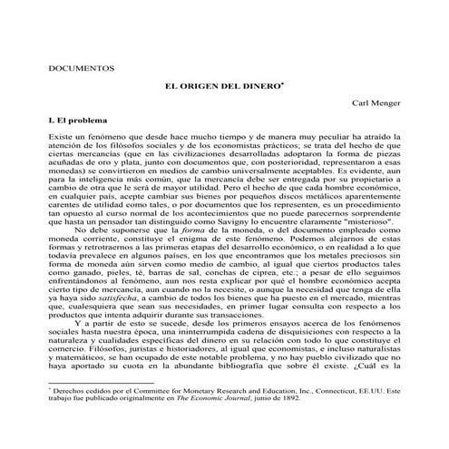 Carl menger   el origen del dinero