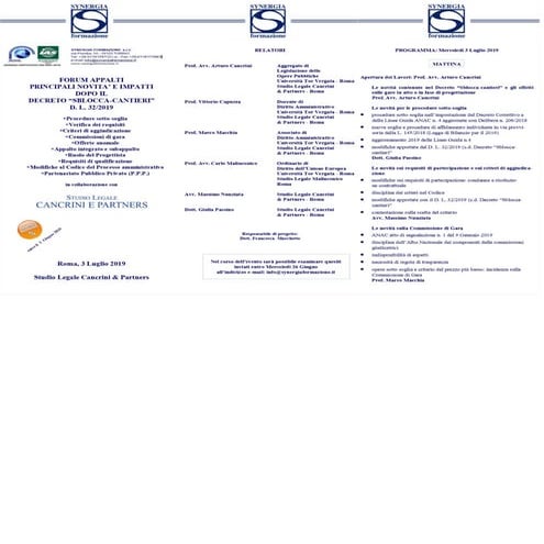 Carlo Malinconico - Il programma dell'evento di SYNERGIA Formazione