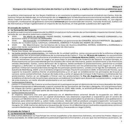 Bloque 3. Compara los imperios territoriales de Carlos I y el de Felipe II, y explica los diferentes problemas que acarrearon