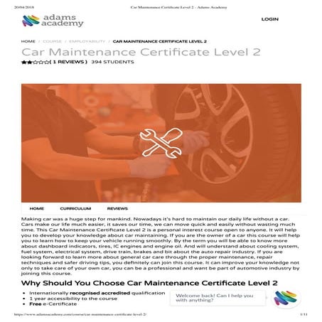 Car maintenance certificate level 2- Adams Academy