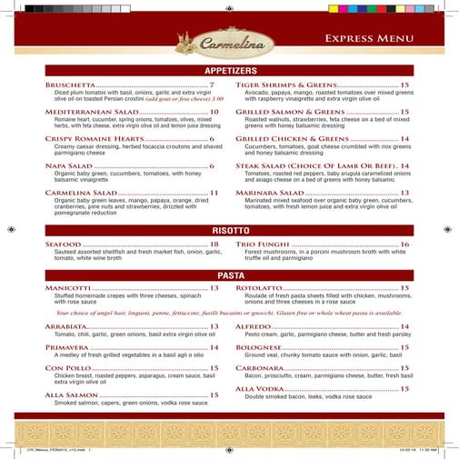 Carmelina restaurant express menu
