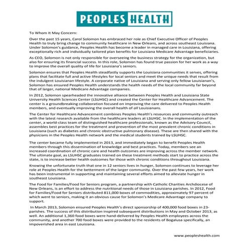 Carol Solomon – 2014 nominee for Modern Healthcare’s Community Leadership Award