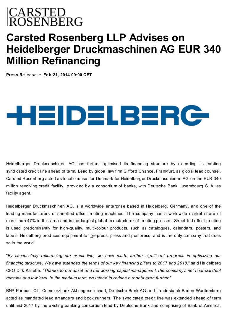 Carsted Rosenberg Llp Advises On Heidelberger Druckmaschinen Ag On Fi
