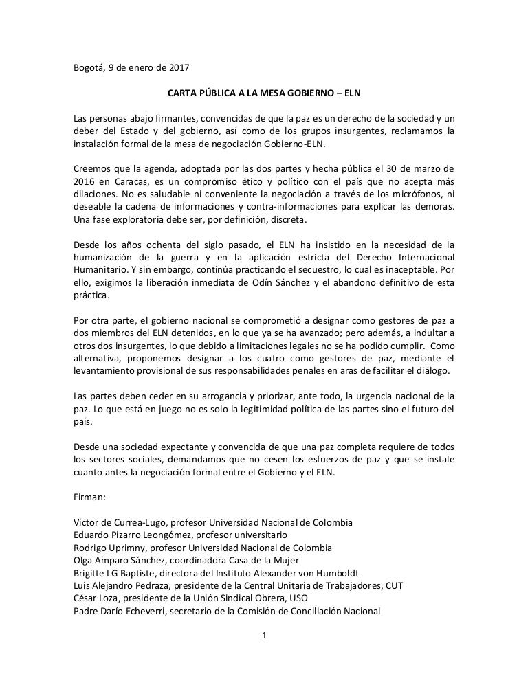 CARTA PÚBLICA A LA MESA GOBIERNO – ELN