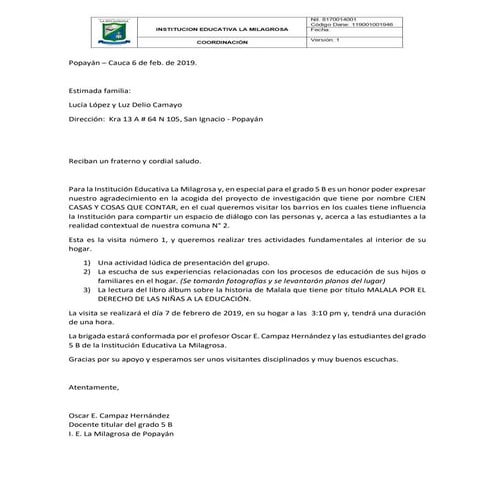 Carta 1, visita a a familia