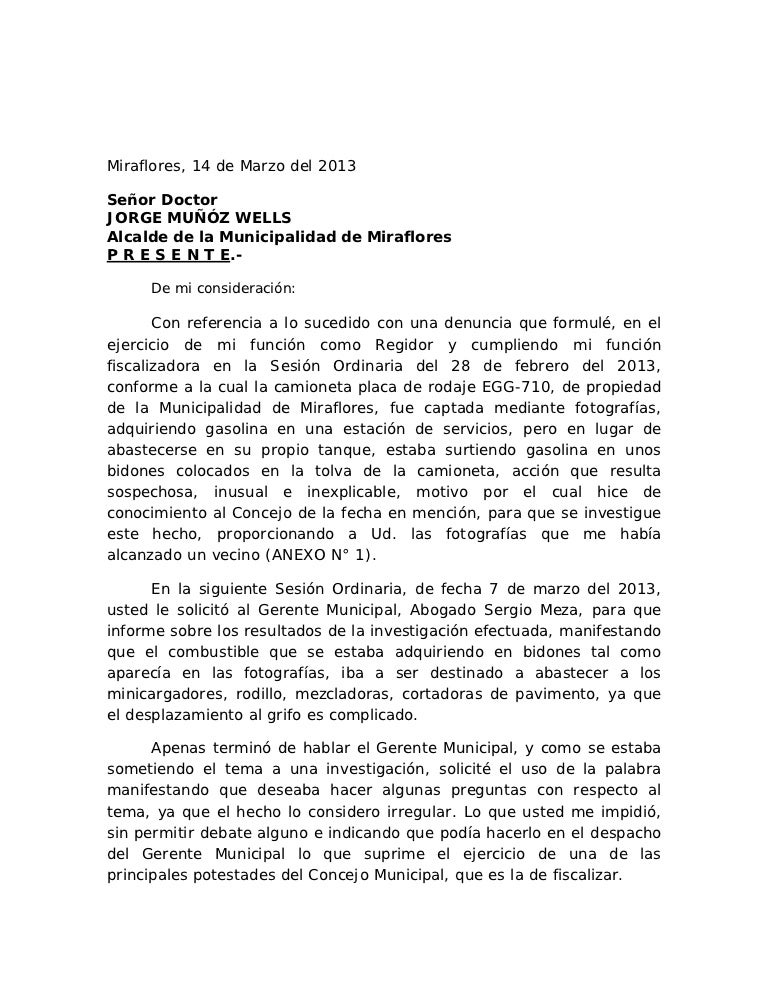 Carta A Alcalde De Miraflores Jorge Munoz Sobre El Caso De Trafico