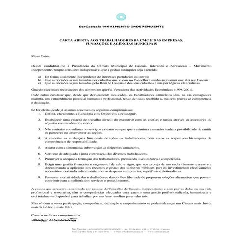 Carta Aberta aos Trabalhadores da Câmara Municipal de Cascais