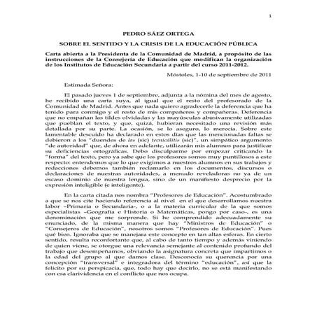 Carta abierta a la presidenta de la comunidad de madrid
