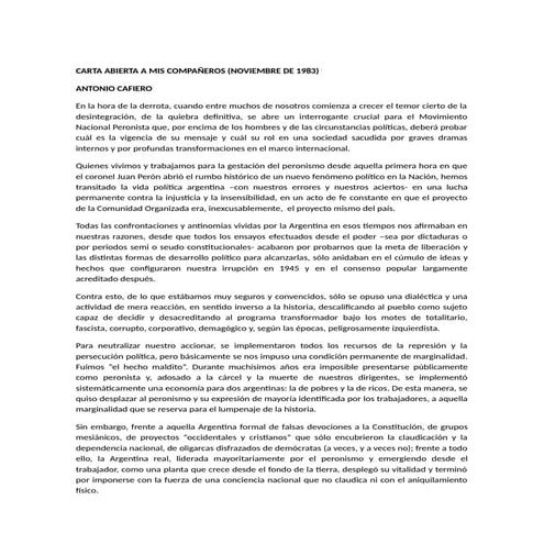 Antonio Cafiero Carta abierta a mis compañeros 1983