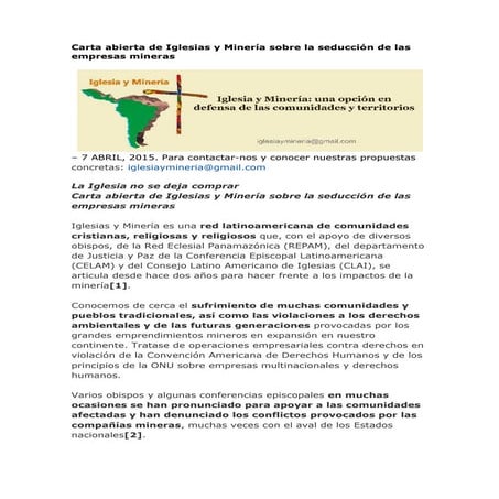 Carta abierta de Iglesias y Minería sobre la seducción de las empresas mineras