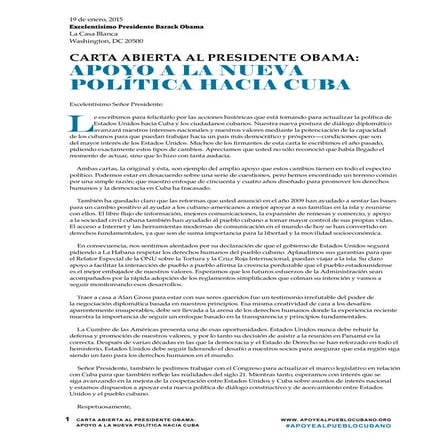  Carta Abierta al Presidente Obama: Apoyo a la Nueva Política hacia Cuba