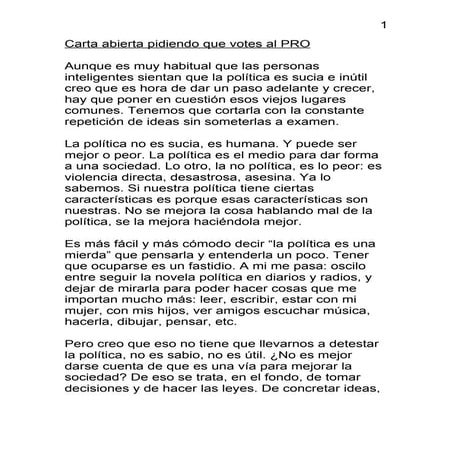 Carta Abierta Pidiendo Que Votes Al Pro