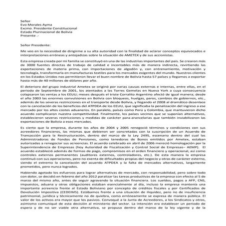 Carta de Iberkleid a Evo Morales