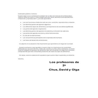 Carta a las familias unit 1