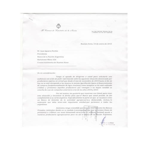 Carta al presidente del banco nación argentina