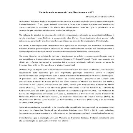 Carta de apoio a Luiz Moreira no STF