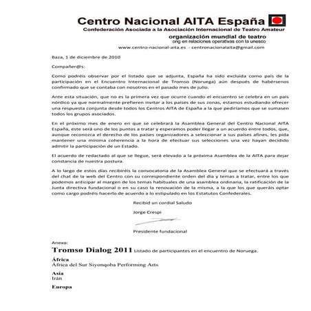 Carta de AITA a socios sobre el Encuentro Internacional de Tromso (Noruega)