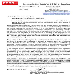 Carta bienvenida a cc.oo.marzo 2013...
