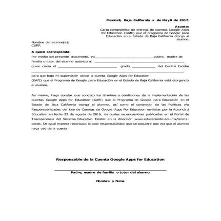 Carta compromiso de los padres correo de alumnos