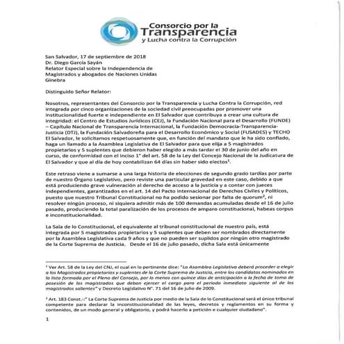 Nota dirigida al Relator Especial sobre la Independencia de Magistrados y Abogados sobre situación de elección de magistrados de Corte Suprema de Justicia El Salvador