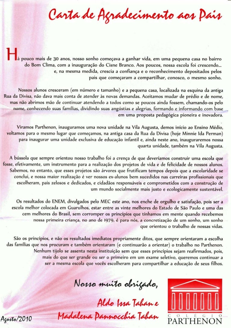 Carta de agradecimento aos pais