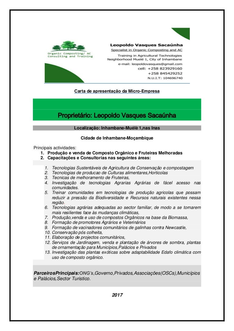 Carta de apresentação da empresa levas pdf