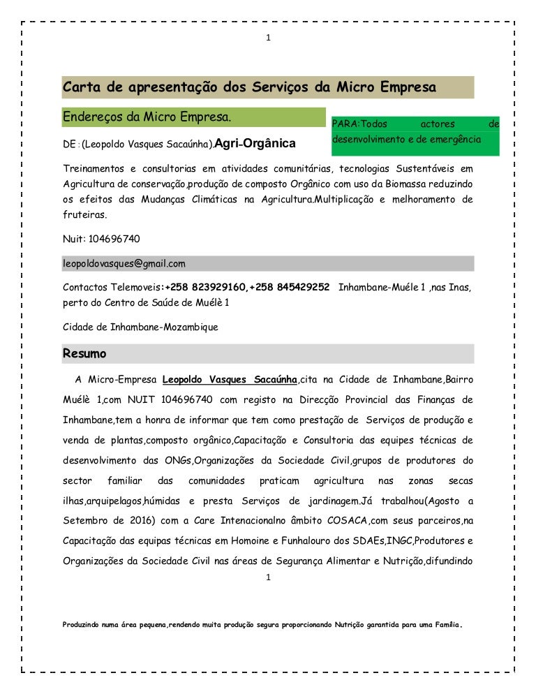 Carta de apresentação da micro empresa