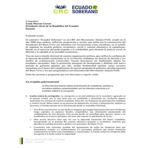 Carta ES a Lenín Moreno