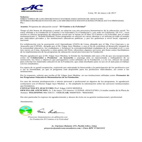 Carta de invitacion sobre el programa el camino a la felicidad