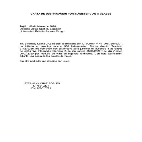 Carta de justificacion por inasistencias a clases ingles