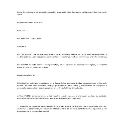Carta de la habana para una organización internacional de comercio